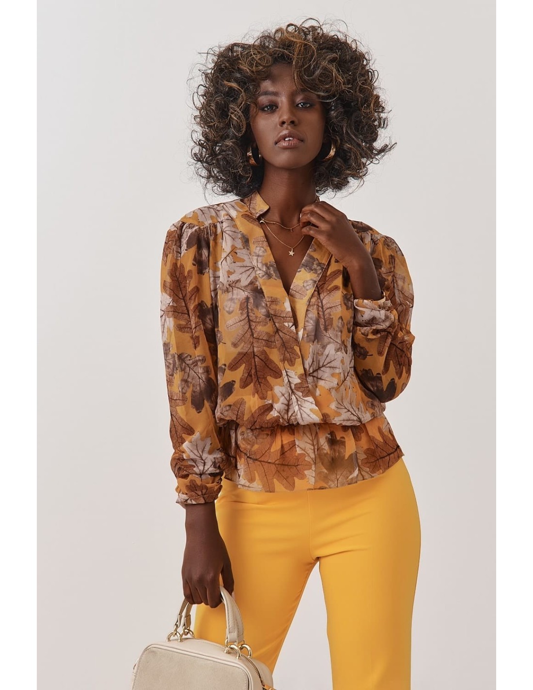 Envelope blouse with plant motifs, mustard 02048 - Online store - Boutique